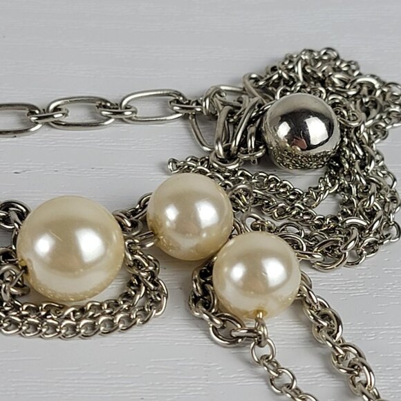 Premier Designs Silver Tone White Faux Pearl Multi Strand Station Necklace 29 In - Picture 3 of 7